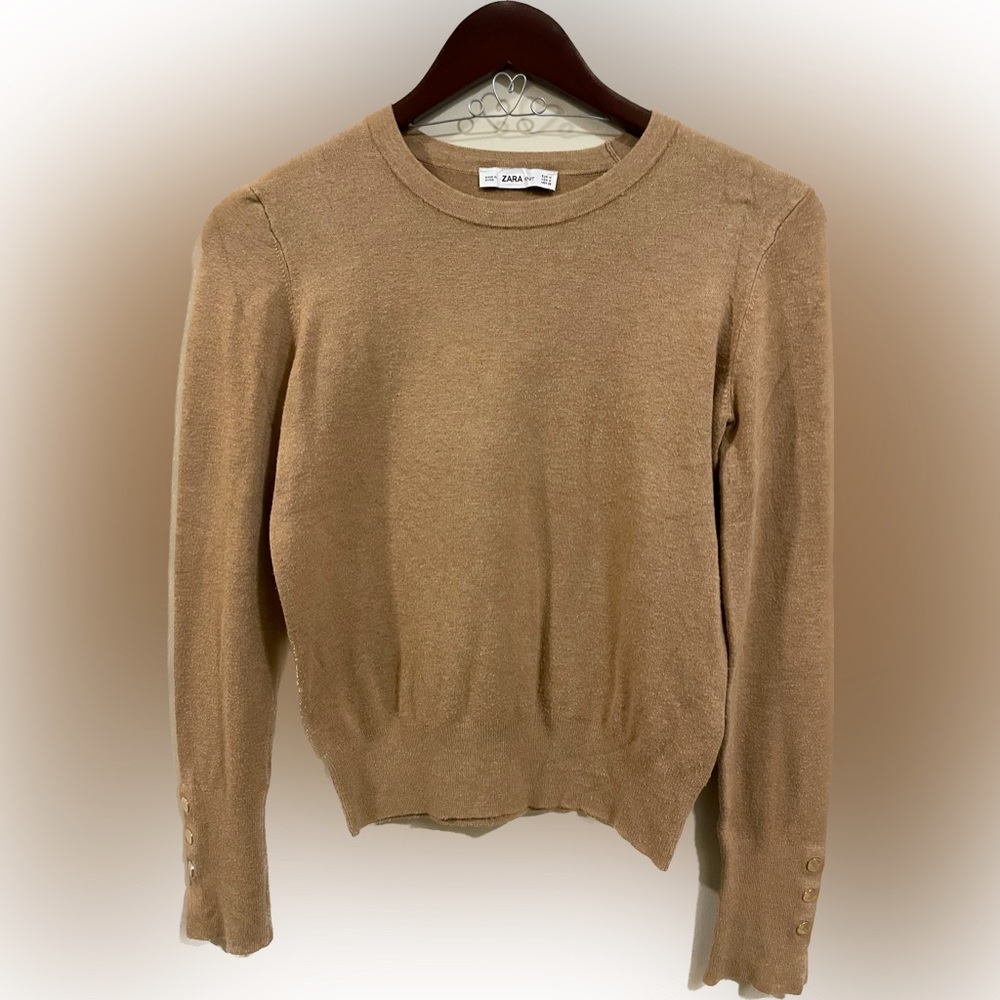 Zara knit camel sweater with gold buttons on sleeves